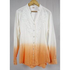 Reba McEntire Womans Large Ombre Orange Ivory Button Up Long Sleeve Blouse Shirt